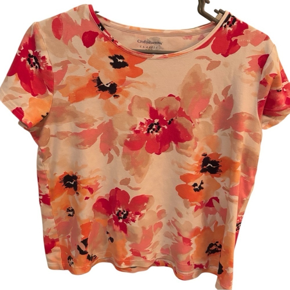 Croft & Barrow Orange Pink Floral Classic Tee Short Sleeve Petite Medium